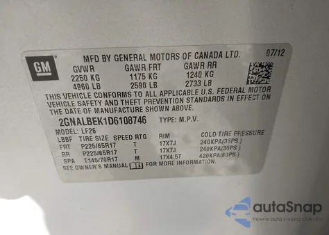 2013 Chevrolet Equinox Ls z USA, uszkodzony, nr VIN 2GNALBEK1D6108746